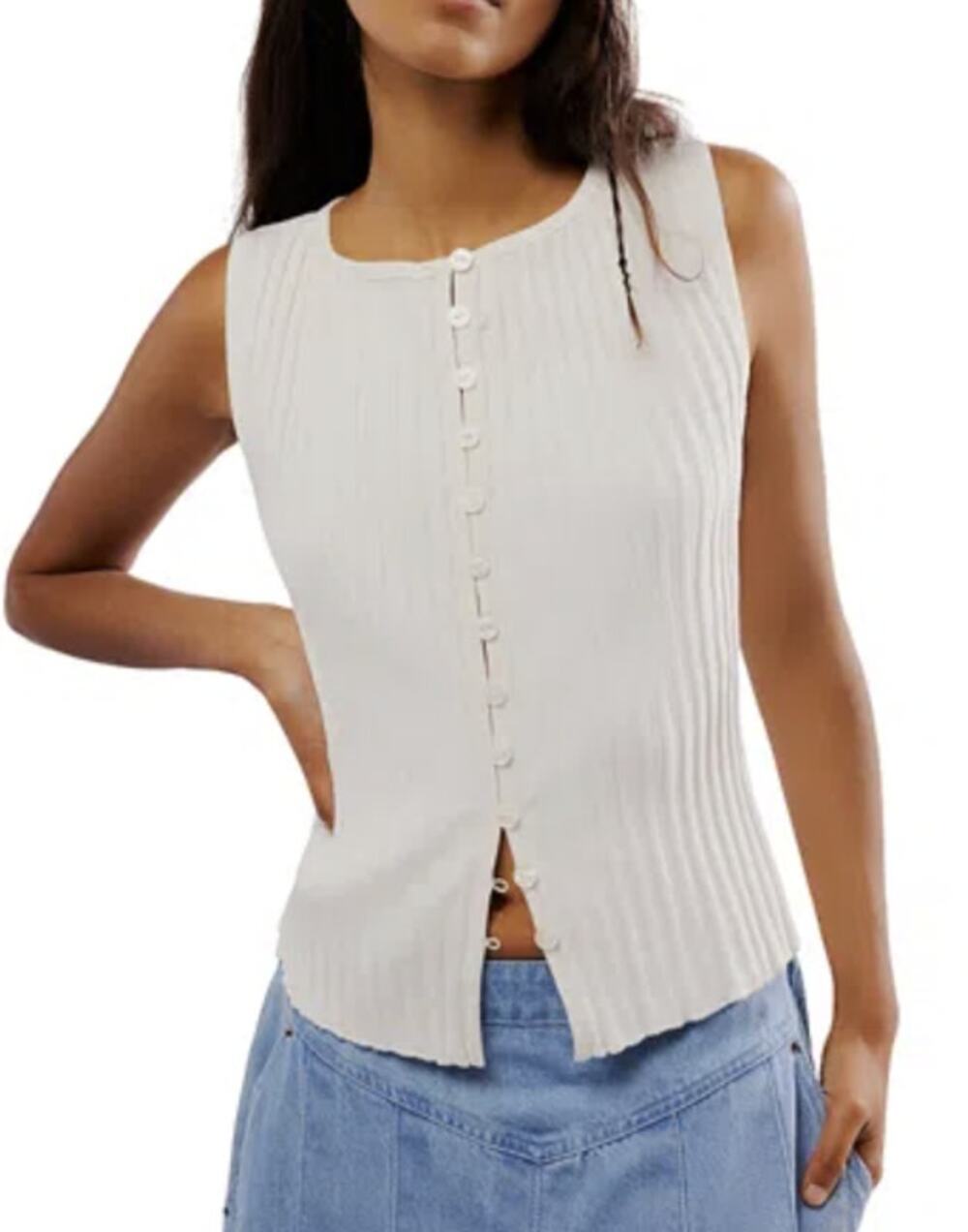 Free People Women's SM White Tilly Button Front Ribbed Vest Top Minimalist A21-1